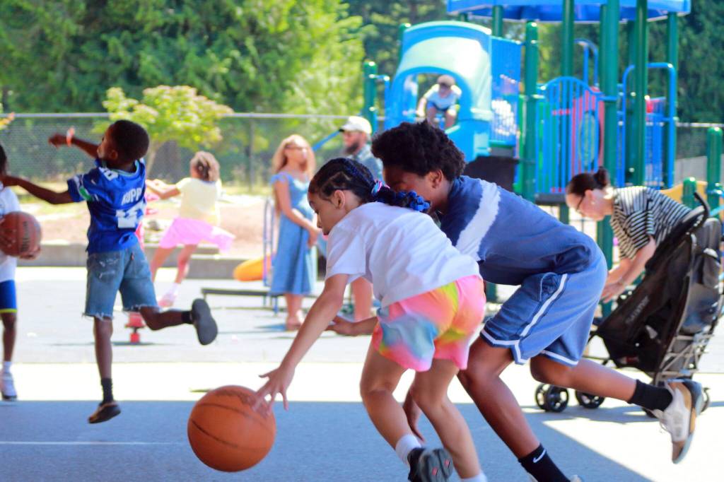 Kids got the chance to play some basketball at the Juneteenth celebration on June 13 in Federal Way with Game of Life Mentoring. Photo by Keelin Everly-Lang / the Mirror.